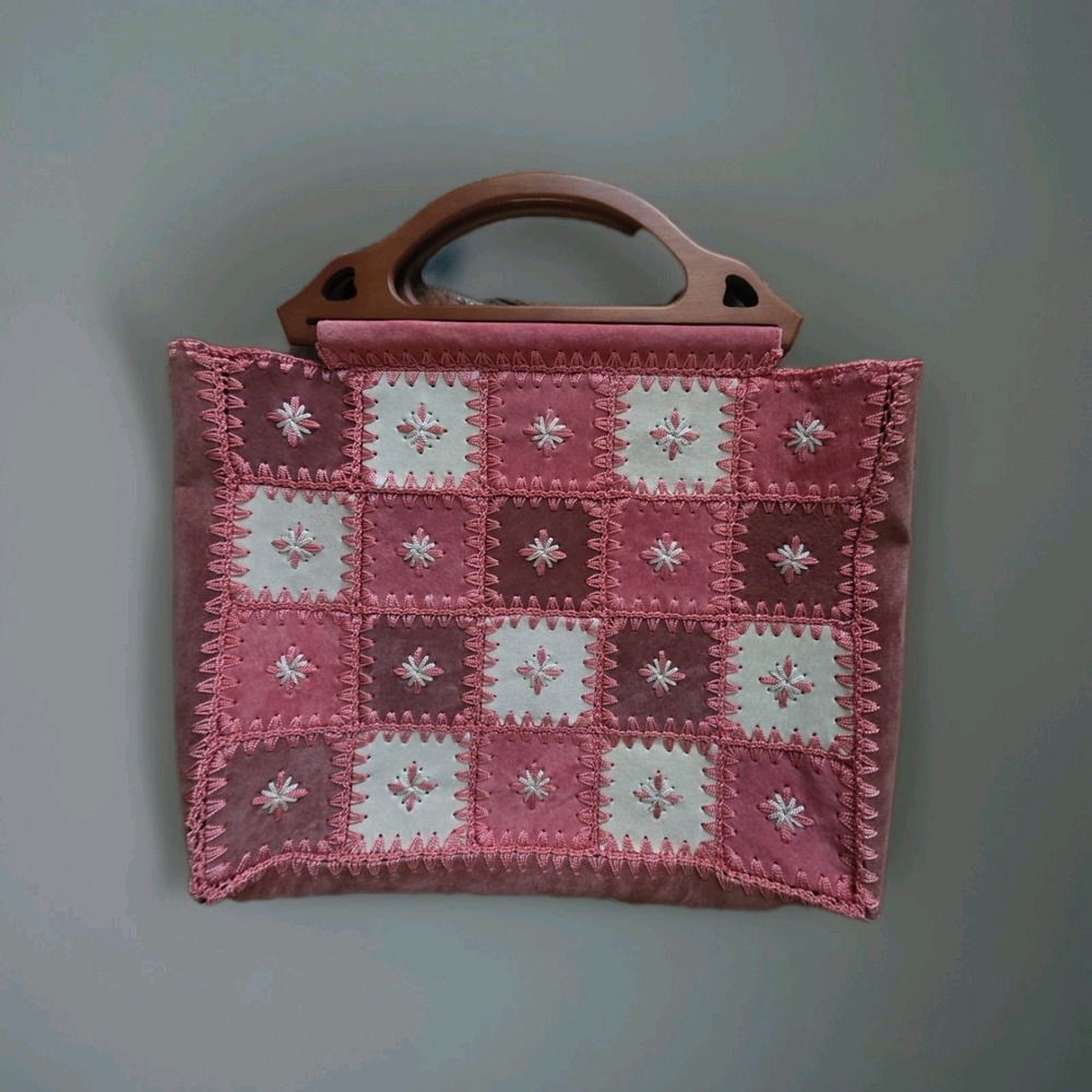Vintage Granny Squares Suede Embroidered Wooden Handle Bag Nine West